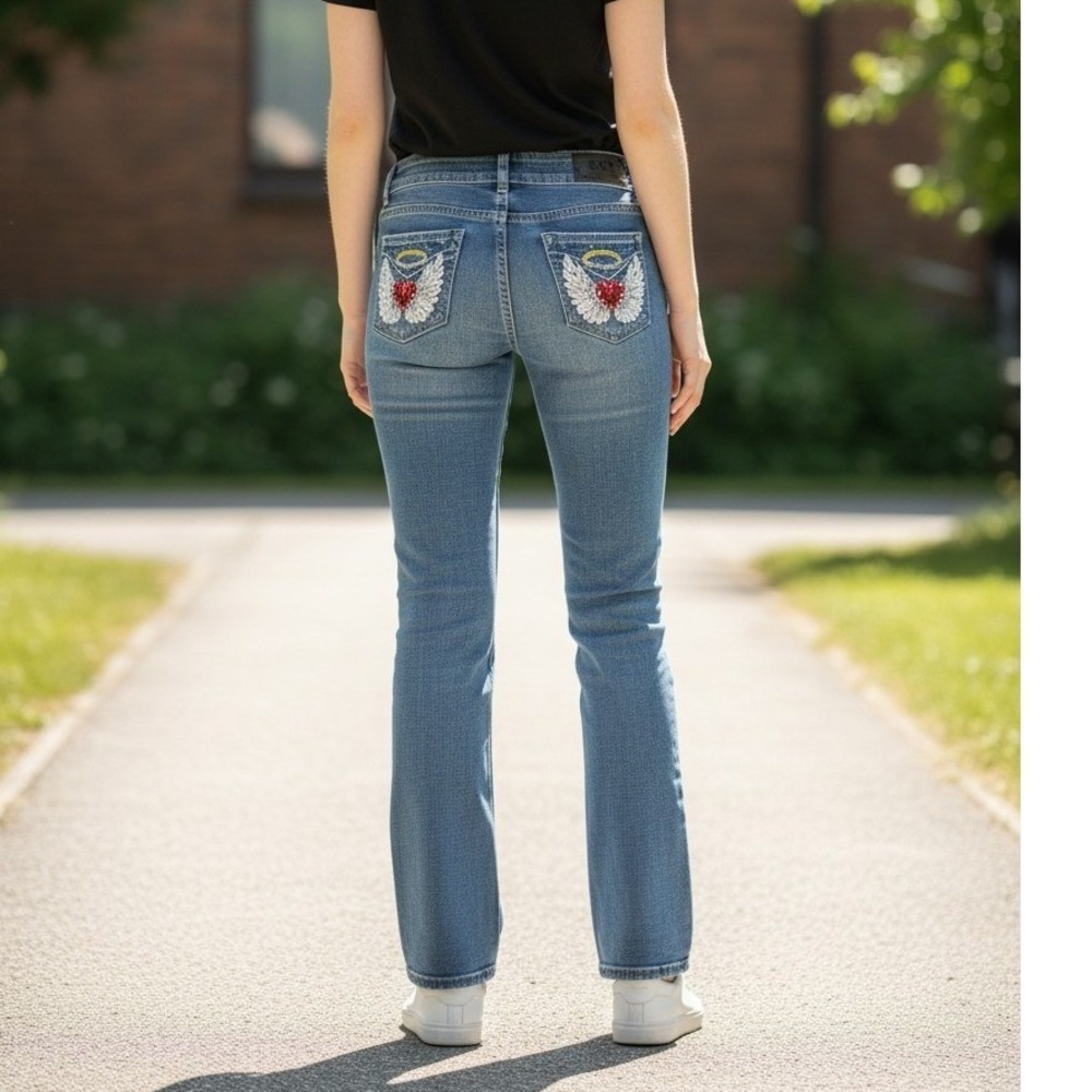 Sky Premium Collection Jeans 13/14 Embellished Bootcut Crystal Angel Wings Heart
